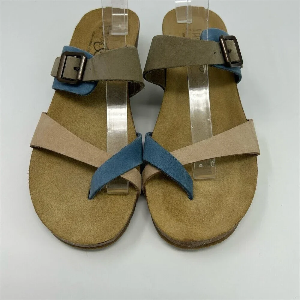 Bos & Co. Womens Blue Tan Slip On Wedge Thong Sandals Size 10 Made in Italy